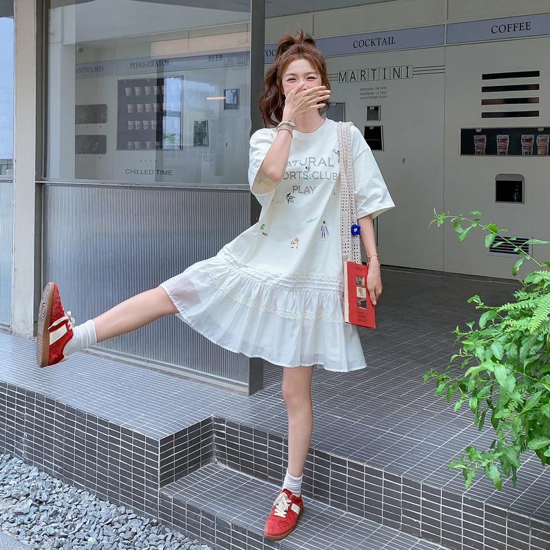 2025 Summer Korean Style Fashion Cartoon Embroidered Letter T-Shirt Dress for Women, Mid-Length Spliced Mesh A-Line Dress 2025 Summer Korean Style Fashion Cartoon Embroidered Letter T-Shirt Dress for Women, Mid-Length Spliced Mesh A-Line Dress