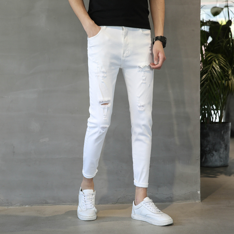 Men's Ripped White Cropped Jeans, New Spring Slim Fit Skinny Pants, Stretchy Korean Style Trousers