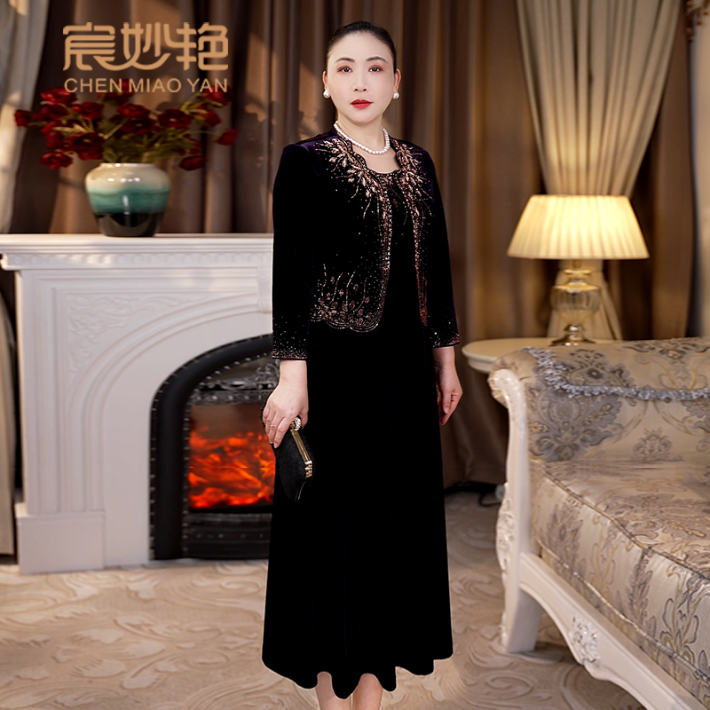 Chen Miao Yan's Noble and Elegant Gold Velvet Suit, Plus-Size Mother's Wear, Wedding Banquet Dress, Elegant Lady's Dress