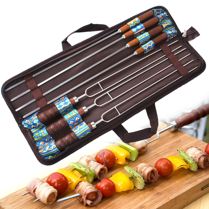 Korean outdoor BBQ pin barbecue fork barbecue tag Stainless steel U-shaped eco-friendly wooden handle Picnic 7-piece Set