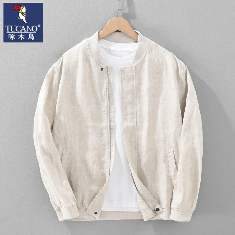 Woodpecker Men's 100% Linen Baseball Collar Jacket Spring/Summer Loose Cardigan High-End Casual Top