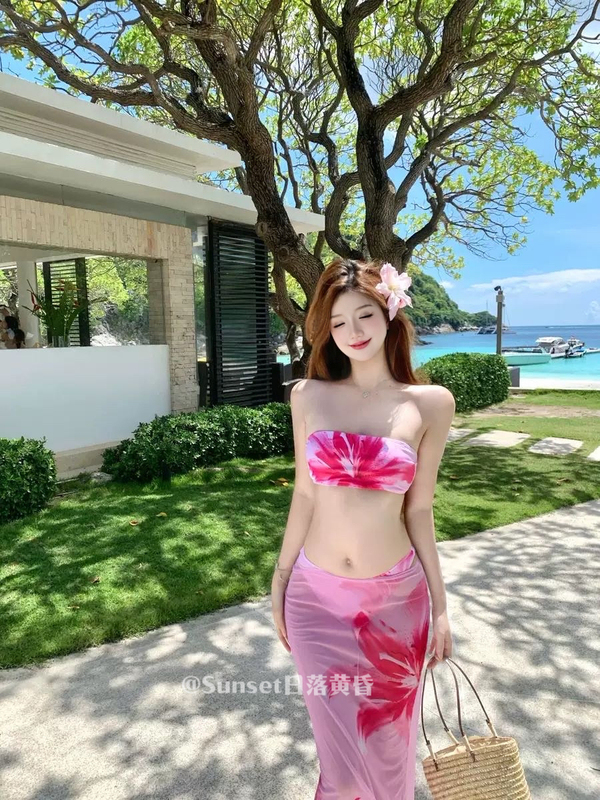 Sunset Pink Floral Bandeau Bikini with Long Skirt Three-Piece Swimsuit Sexy Hot Girl