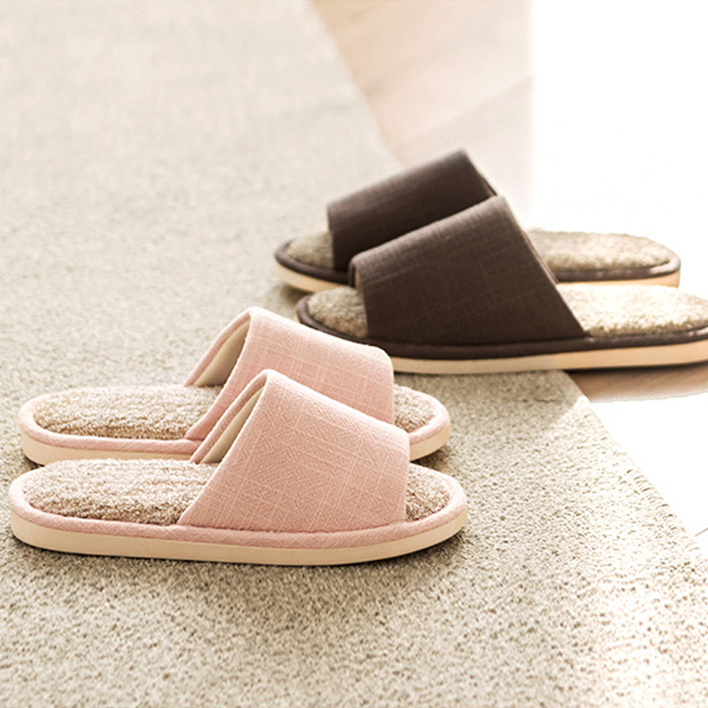 Spring and autumn Japanese fabric soft bottom non-slip slippers female couple linen home home floor cool drag Muji