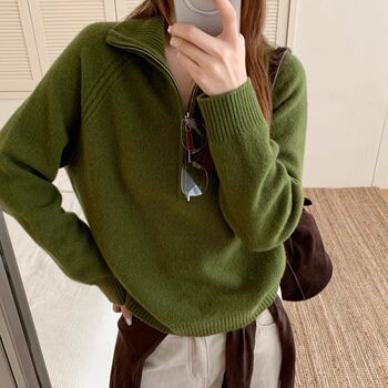Thickened 100% Wool Half-Zip Stand Collar Long-Sleeve Knit Sweater, Fashionable Loose-Fit Lazy Pullover Versatile Top