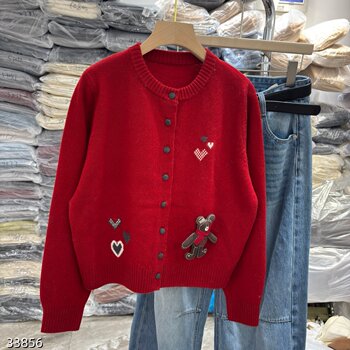 Cartoon Bear Embroidery Long-Sleeve Red Sweater Cardigan with Stylish Heart Buttons, Loose Fit, Versatile Wool Knit