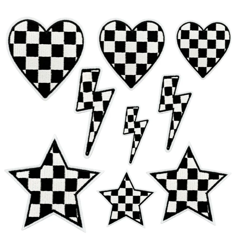 New Five-Pointed Star Black and White Checkered Fabric Patch in Stock, Discounted Computer-Embroidered Five-Pointed Star Lightning Heart Patch