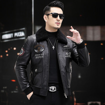 Haining leather man turns the lamb fur locker fan jacket leisure short jacket embroidery trend fashion