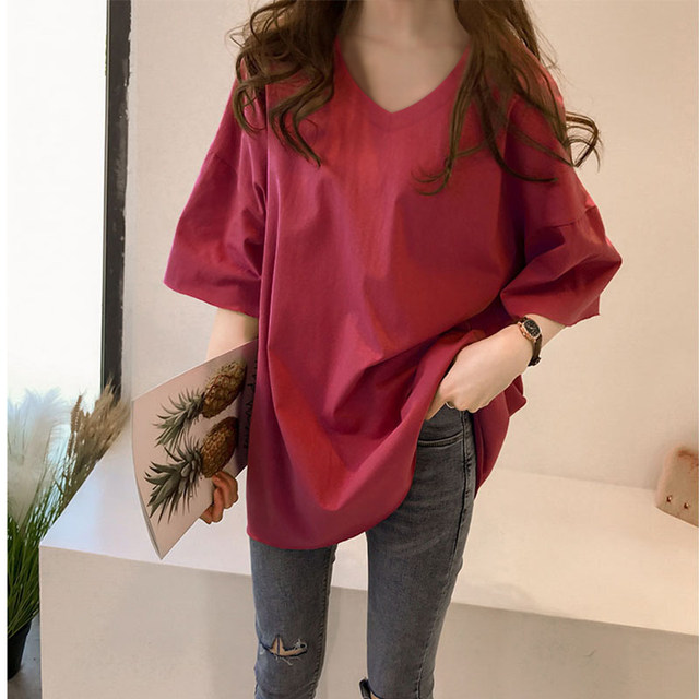 Summer 300 pounds plus size V-neck sweetheart neck thin-length mid-length loose soft elastic 200 pounds short-sleeved bottoming shirt T-shirt