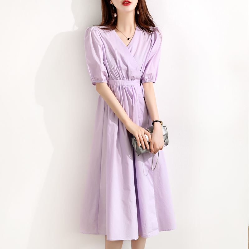 Malcenl klon French bubble sleeve solid color dress 2020 new bellflower retro light cooked wind A-line skirt