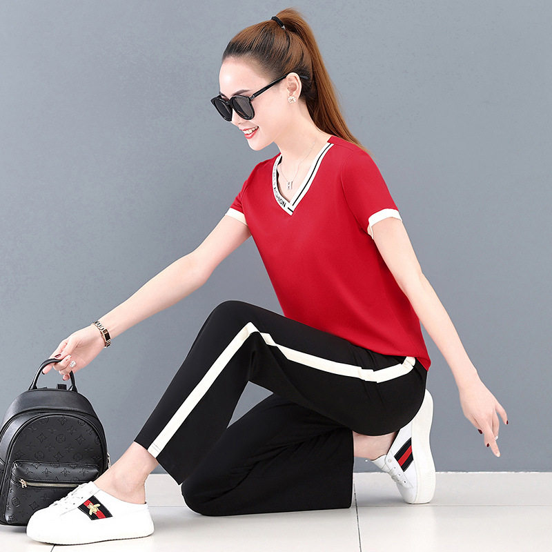 MMQ Summer Casual Sports Package Female Loose Fashion V-collar Sleeve Sleeve Trousers Two-Piece Set