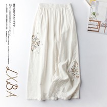 Foreign Trade Tail Single Cotton Linen Casual Pants Woman Pants Summer Thin retro National Wind Embroidered Broadlegged Pants 100 lap 90% pants