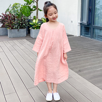 Girls spring and autumn cotton linen dress pure linen washed long skirt simple style skirt Chinese style national style