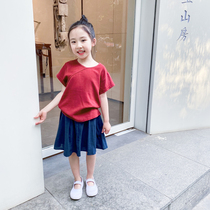 Childrens cotton and linen short-sleeved Hanfu T-shirt Chinese style summer academy service Chinese medicine clothing girls boys