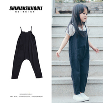 Original childrens cotton and hemp bib pants Loose casual pants Childrens cotton and hemp nine-point pants
