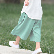 Original cotton and linen literary and artistic girls wide leg pants Childrens nine-point pants Childrens casual shorts Korean version of tide pants boys