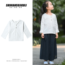 Childrens cotton and hemp long-sleeved T-shirt literary retro girls loose jacket Base shirt top Chinese style college style
