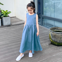Girls cotton linen dress summer pure linen washed vest skirt minimalist style skirt Chinese dress
