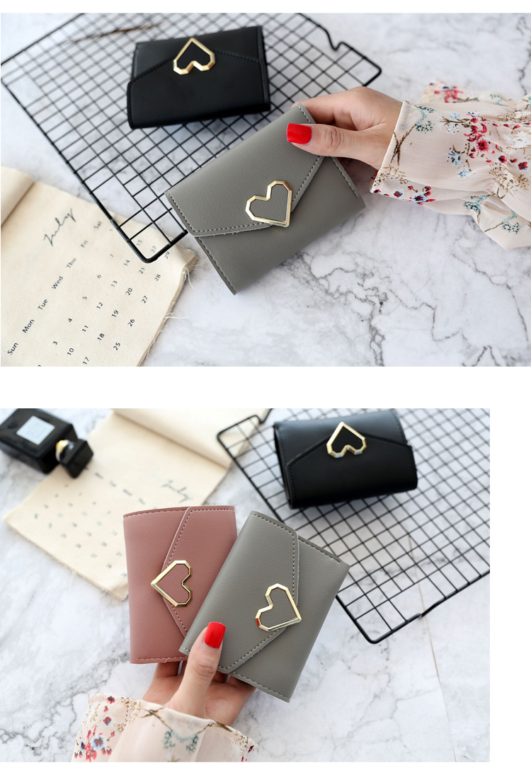 Hôn tôi nhỏ tươi retro kim loại hình trái tim nữ phần ngắn ba lần ví 2018 mới đơn giản túi xách ví đứng nam