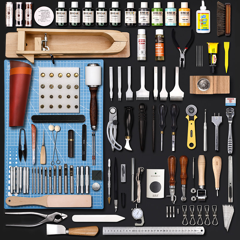 Handmade leather production tool set Hand-sewn cowhide leather diy material bag Leather art tools Leather bag self-made