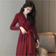 Over-the-knee mid-length v-neck feminine 2023 spring and autumn new style sexy waist-tie red dress