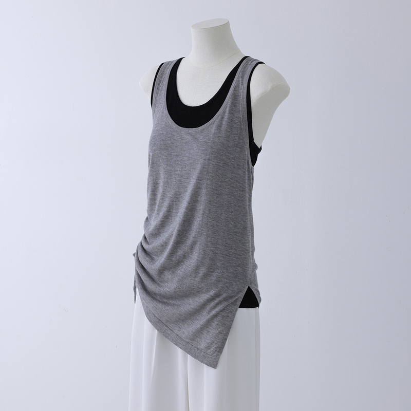 Lyocell Color-Block U-Neck Camisole for Women, New Style, Outerwear, Faux Two-Piece, Knitted Drawstring Sleeveless Base Top