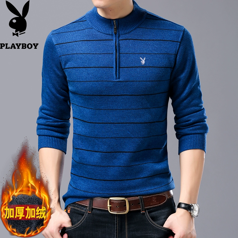 Playboy áo len nam trung niên cộng với nhung dày nửa cao cổ áo dây kéo thanh niên cashmere áo len nam đẹp