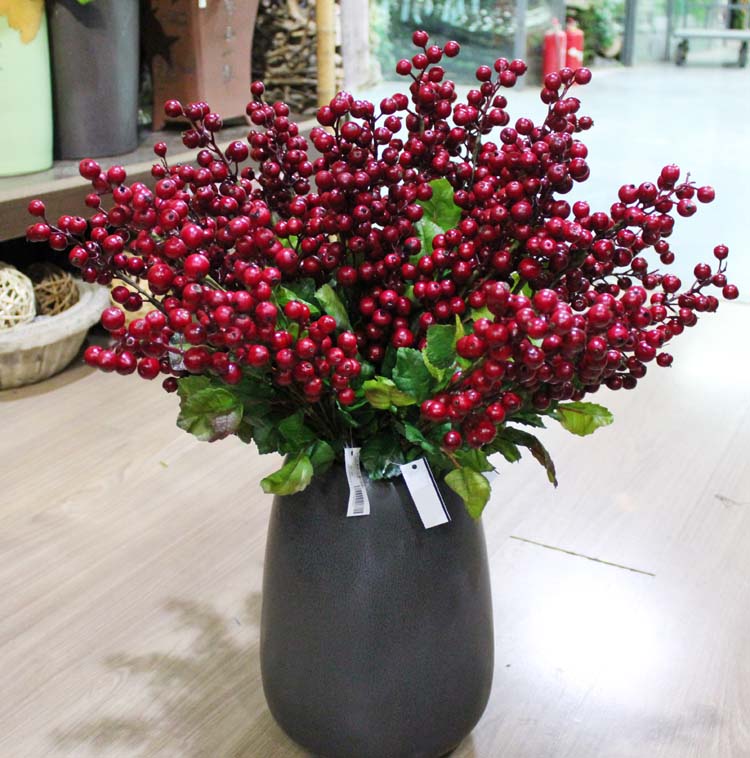 Simulation red fruit fortune fruit Acacia bean 5 forks large round fruit Mountain fruit berry series Vase flower arrangement decorative fruit branch