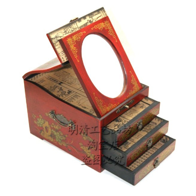 Antique leather box antique dresser box antique jewelry box vintage three-draw mirror box wedding gifts costume photography props