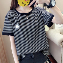 2021 new size womens summer fat mm striped loose cotton short sleeve T-shirt female 200kg Korean top