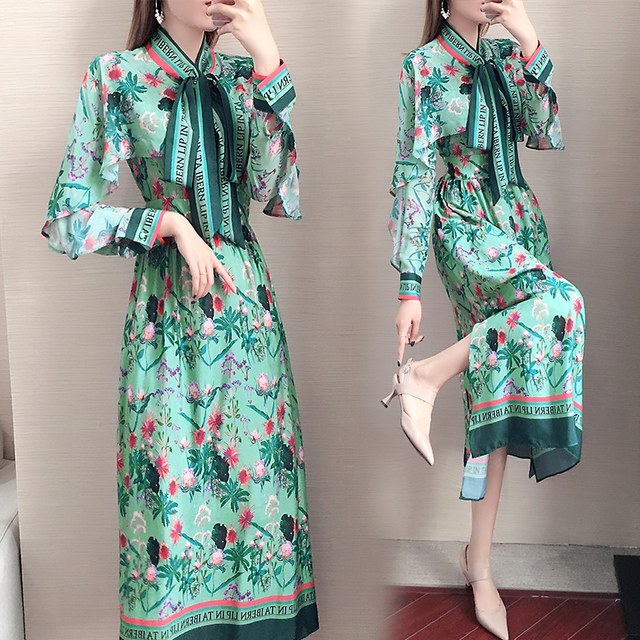 Autumn green floral dress women's clothing 2023 spring chiffon skirt cheongsam long skirt Hanfu fairy skirt