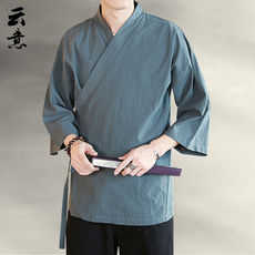 китайский костюм 七分袖汉服男夏季中国风斜襟上衣禅意居士服古风茶服纯棉道袍外套