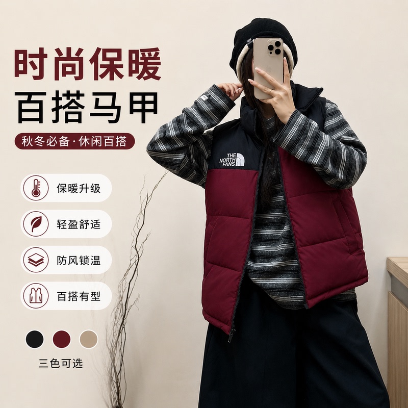 Autumn and Winter New Thick down Cotton Vest for Women, Stand Collar Puffer Jacket, Black Warm Vest
