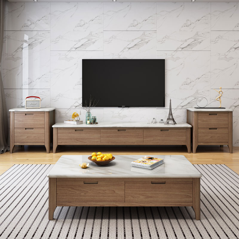 Solid wood marble tea table TV cabinet combination Nordic small apartment modern simple living room fire stone furniture set