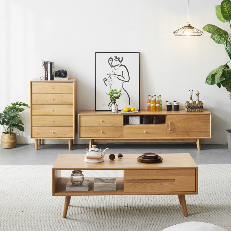 Nordic Solid Wood TV Cabinet Tea Table Composition Modern Minima Small Household Type Day Style Cherry Wood Original Wood Color Furniture-Taobao