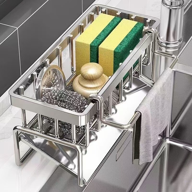 Stainless Steel Kitchen Storage Rack, Dishcloth Holder, Draining Rack, Steel Wool Ball, Sink Faucet Organizer Stainless Steel Kitchen Storage Rack, Dishcloth Holder, Draining Rack, Steel Wool Ball, Sink Faucet Organizer