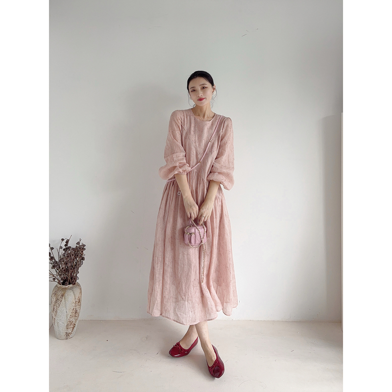 Li Cc Long-Sleeve Floral Print Ramie Dress for Women with Delicate Silver Stars and a Gentle Style