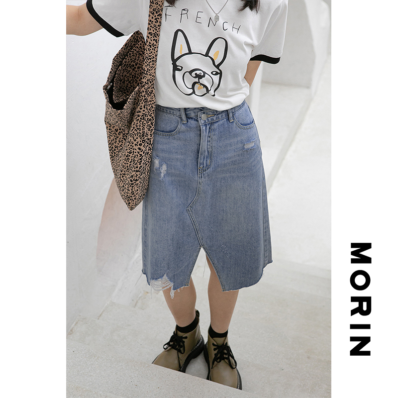 Morin ink brocade irregular design skirt women's summer 2021 niche high-waisted thin denim skirt
