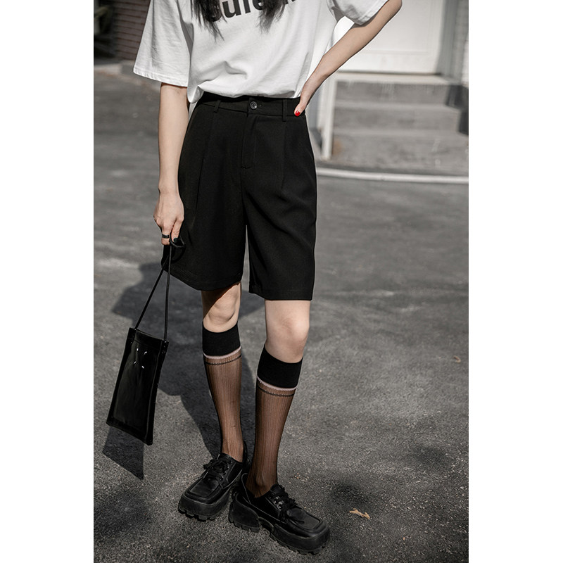 Morin ink brocade shorts women's simple solid color high waist loose wide leg pants 2022 spring and autumn all-match casual five-point pants