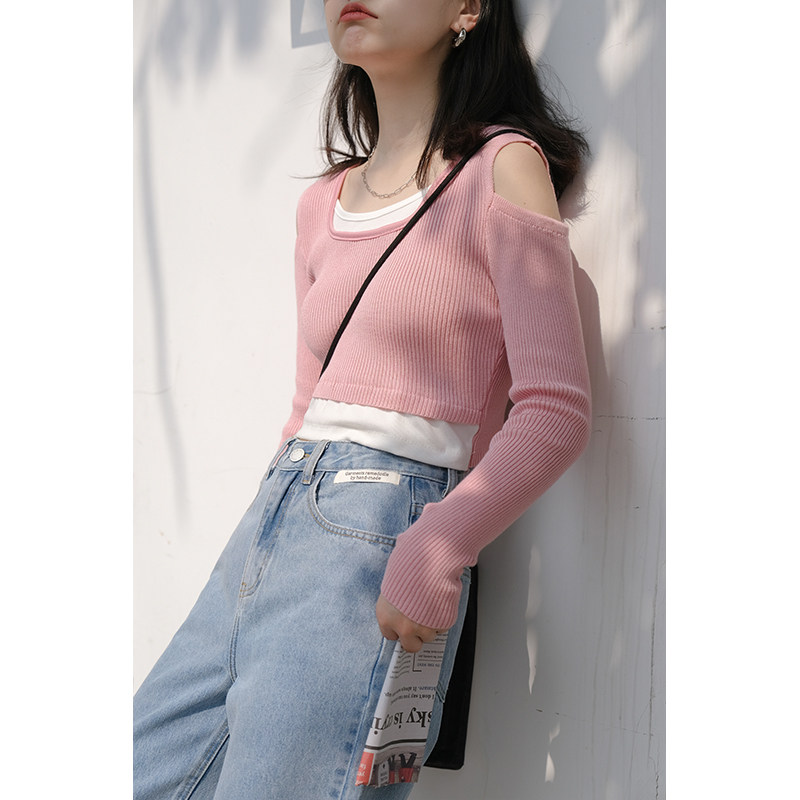 Morin Mo Jin off-the-shoulder design sexy slim knitted sweater women's 2022 autumn Korean version of the small net red short top