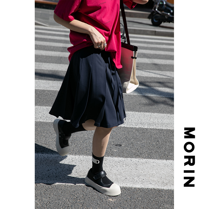 Morin ink brocade black long version short skirt women's summer skirt a-line black white high waist slim 2021 pleated skirt