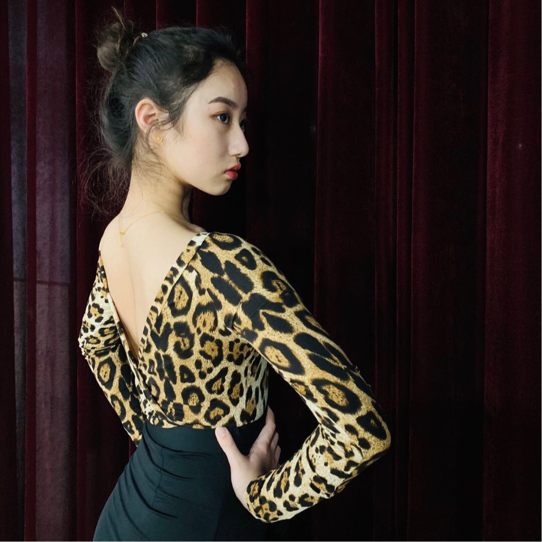 SOFTCHEN JIADANCE LATIN MODERN DANCE AUTUMN AND winter WOMEN'S LONG-SLEEVED V HALTER JUMPSUIT BAO WEN TOP