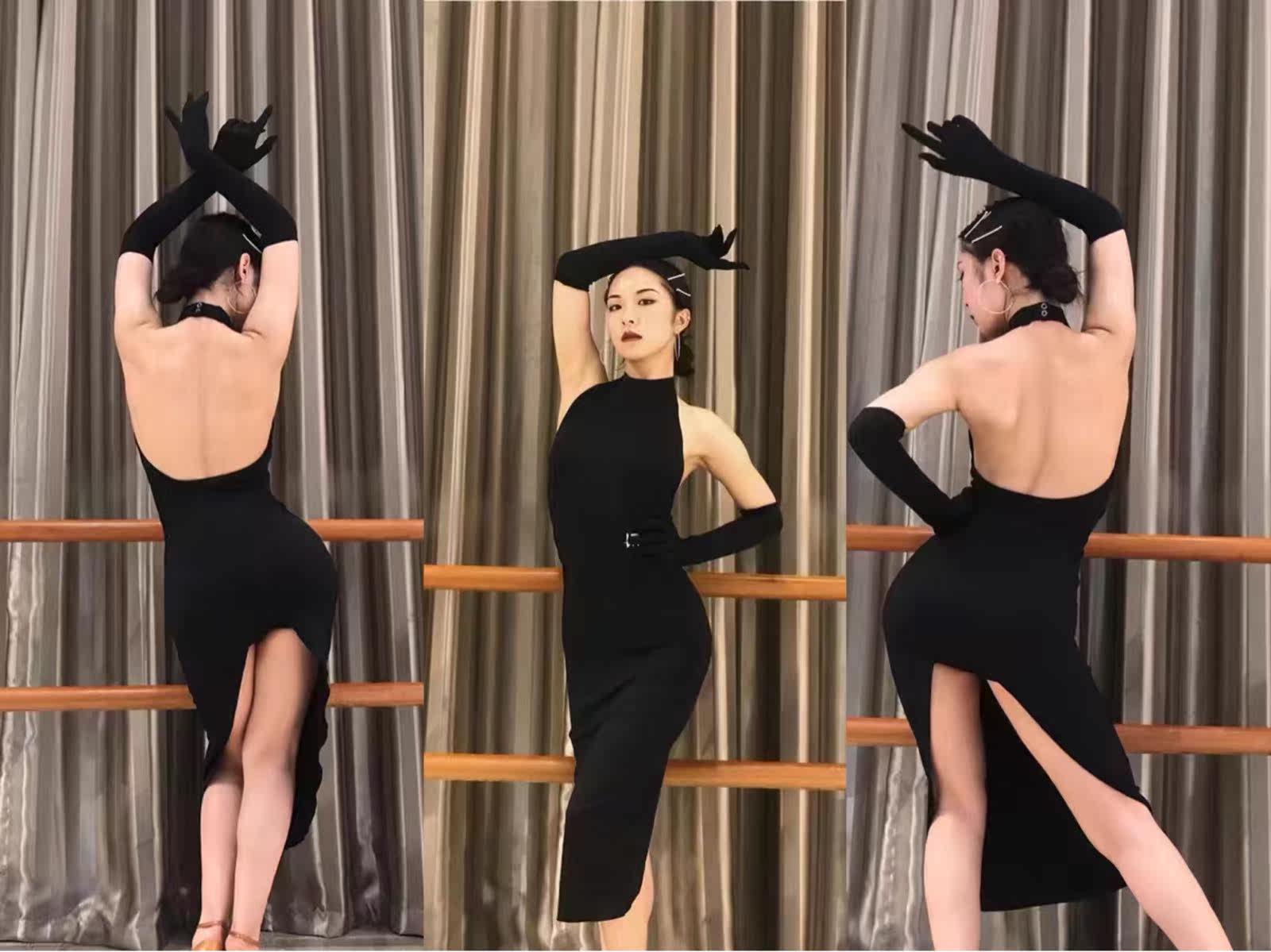 SOFTCHEN LR Summer Adult Female Dew Back Latin Dance suit Hip Open for professional Sexy Slim Ocean Dress 023