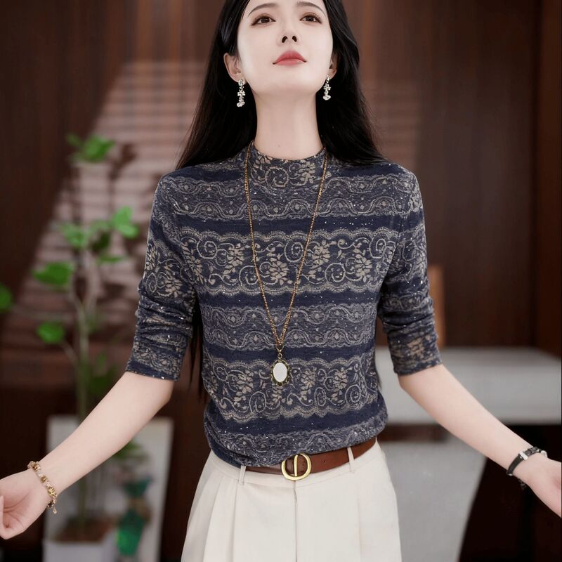 Autumn and Winter New Style Half-High Collar Lace Printed Long-Sleeve High-End Thermal T-Shirt Base Layer Warm Inner Top