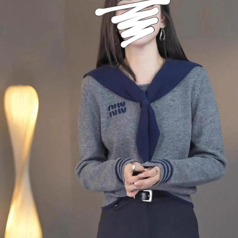 Navy Collar Faux Two-Piece Knitted Base Shirt for Women, Autumn and Winter 2026 New Style Top with Letter Embroidery Sweater Design Navy Collar Faux Two-Piece Knitted Base Shirt for Women, Autumn and Winter 2026 New Style Top with Letter Embroidery Sweater Design
