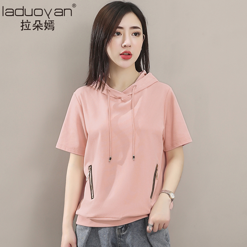 Hooded short-sleeved t-shirt women's summer new cotton top fashion Korean version loose ladies hooded thin section sweater tide