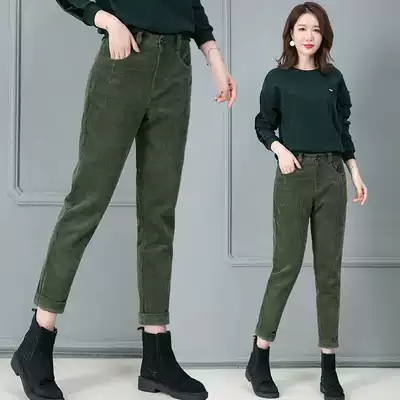 Army green pants women's high waist loose thin harem pants strip velvet 2002 new autumn and winter corduroy casual pants