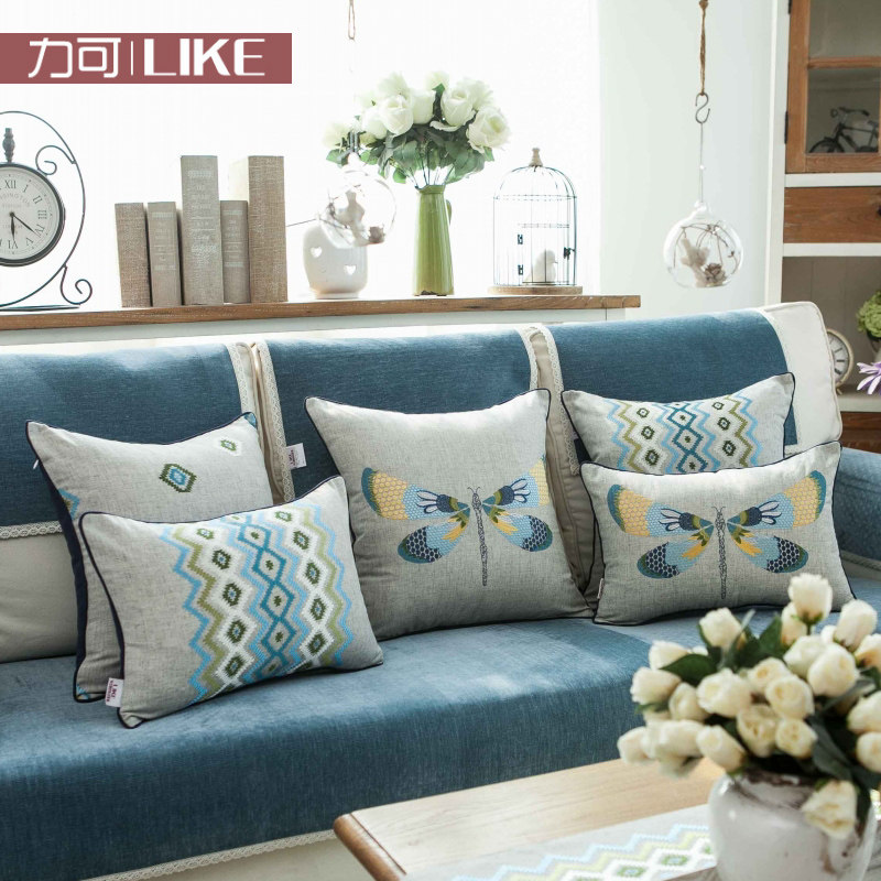 Bedside Office Sofa Chair Cushion Pillow Backrest Pillowcase Lumbar Pillow Without Core American Embroidery Linen Grey