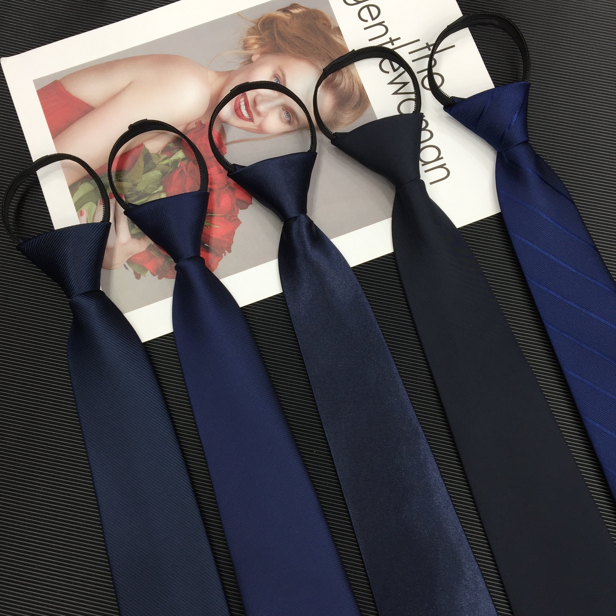 Men's and women's dark blue, navy blue, pure blue, thick and thin twill square collar tie easy-pull no-tie business formal attire