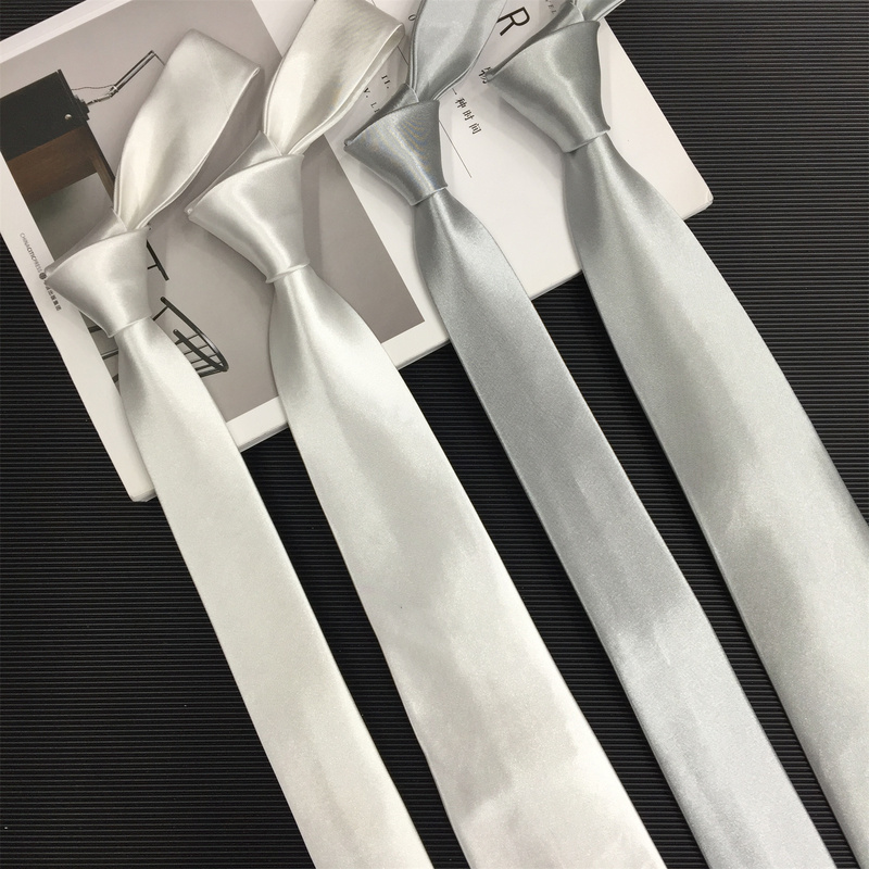 Pure White Tie, Pocket Square, Light Gray, Silver Gray, Silver White, Korean Style, Narrow, Formal, Casual, Event, Hand-Tied, Zipper