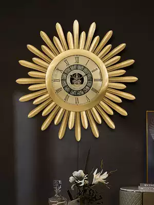 Pure brass light luxury clock wall clock living room home modern creative personality art fashion Villa porch Sun table
